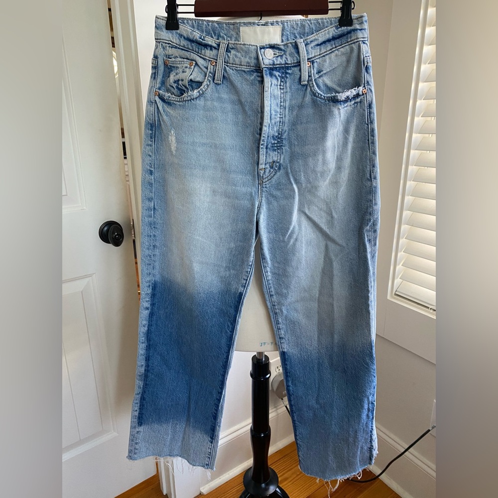 MOTHER Light Blue wide leg artfully distressed Straight Jeans Sz. 28